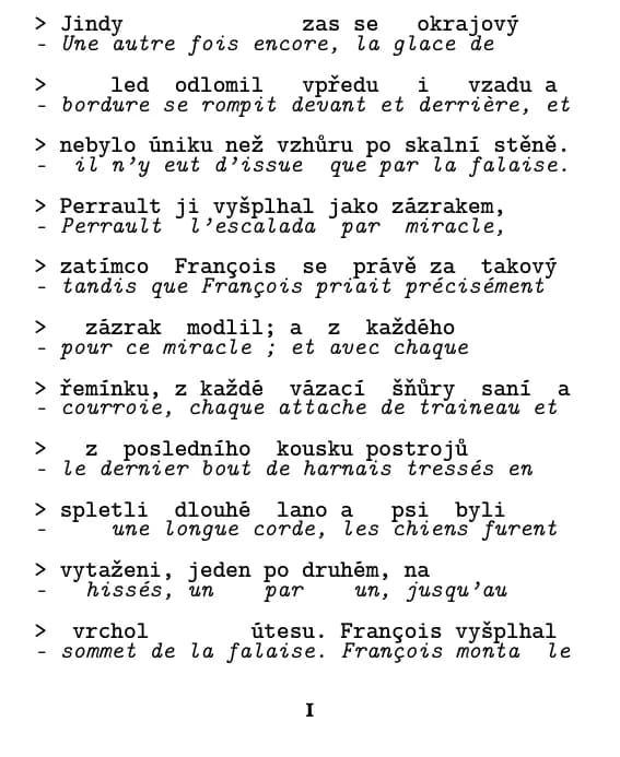 Jack London, Volání divočiny, page 1 de l'extrait en ligne à ligne