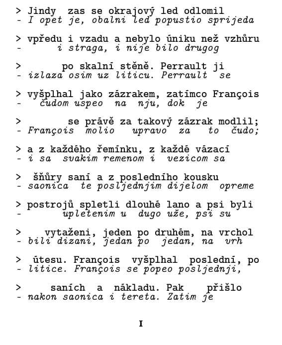 Jack London, Volání divočiny, stranica 1 ulomka, izgled: redak po redak