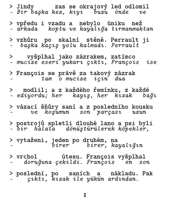 Jack London, Volání divočiny, satır satır düzeninde alıntının 1. sayfası