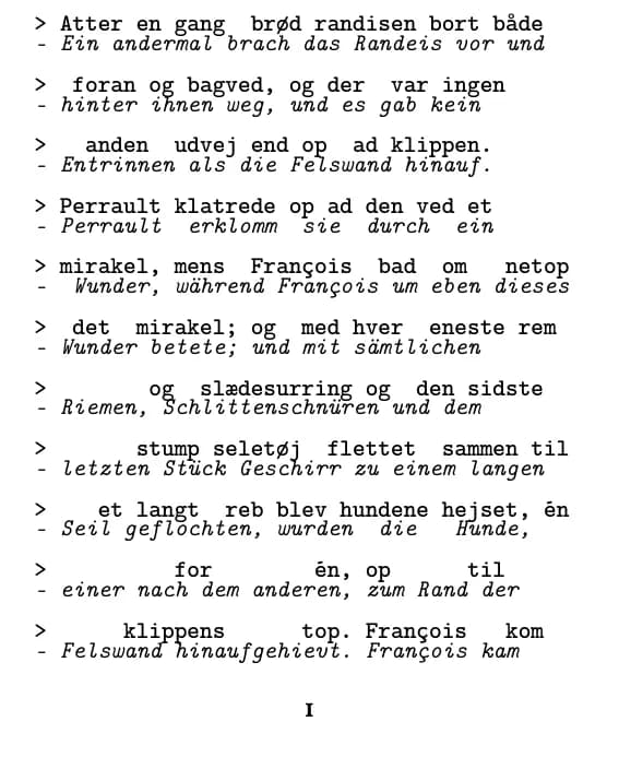 Jack London, Vildmarkens kald, Seite 1 des Auszugs im Layout „Zeile für Zeile“