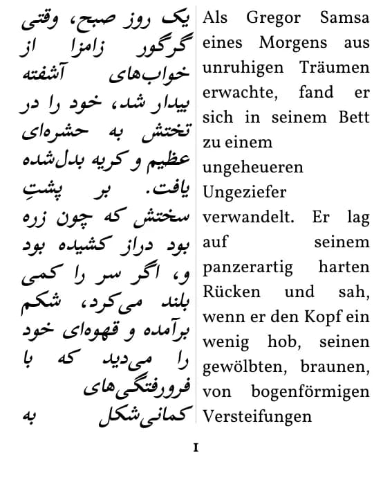 Franz Kafka, Die Verwandlung، صفحهٔ 1 از گزیده با صفحهآرایی ستون دوتایی