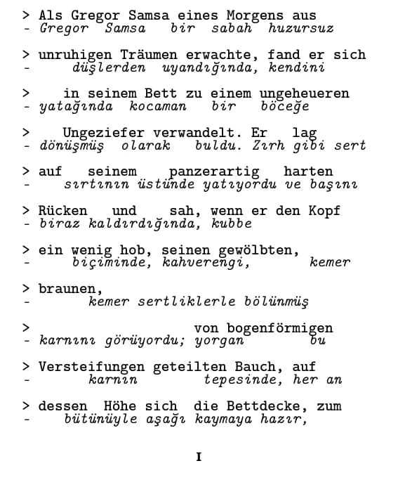 Franz Kafka, Die Verwandlung, satır satır düzeninde alıntının 1. sayfası