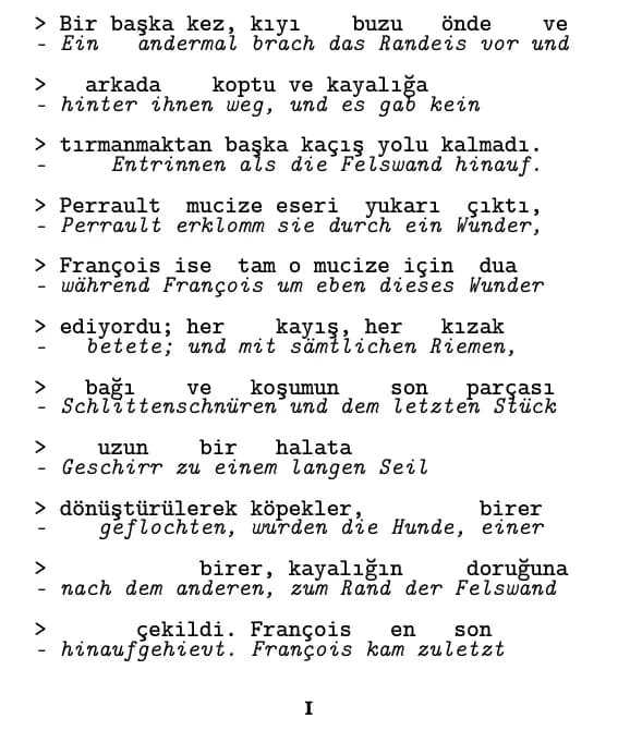 Jack London, Vahşetin Çağrısı, Seite 1 des Auszugs im Layout „Zeile für Zeile“